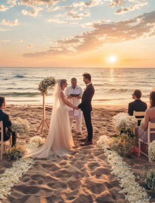 A beautiful wedding ceremony taking place on a beach at sunset with an aisle decorated with flowers and guests seated.