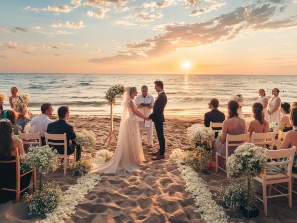 A beautiful wedding ceremony taking place on a beach at sunset with an aisle decorated with flowers and guests seated.